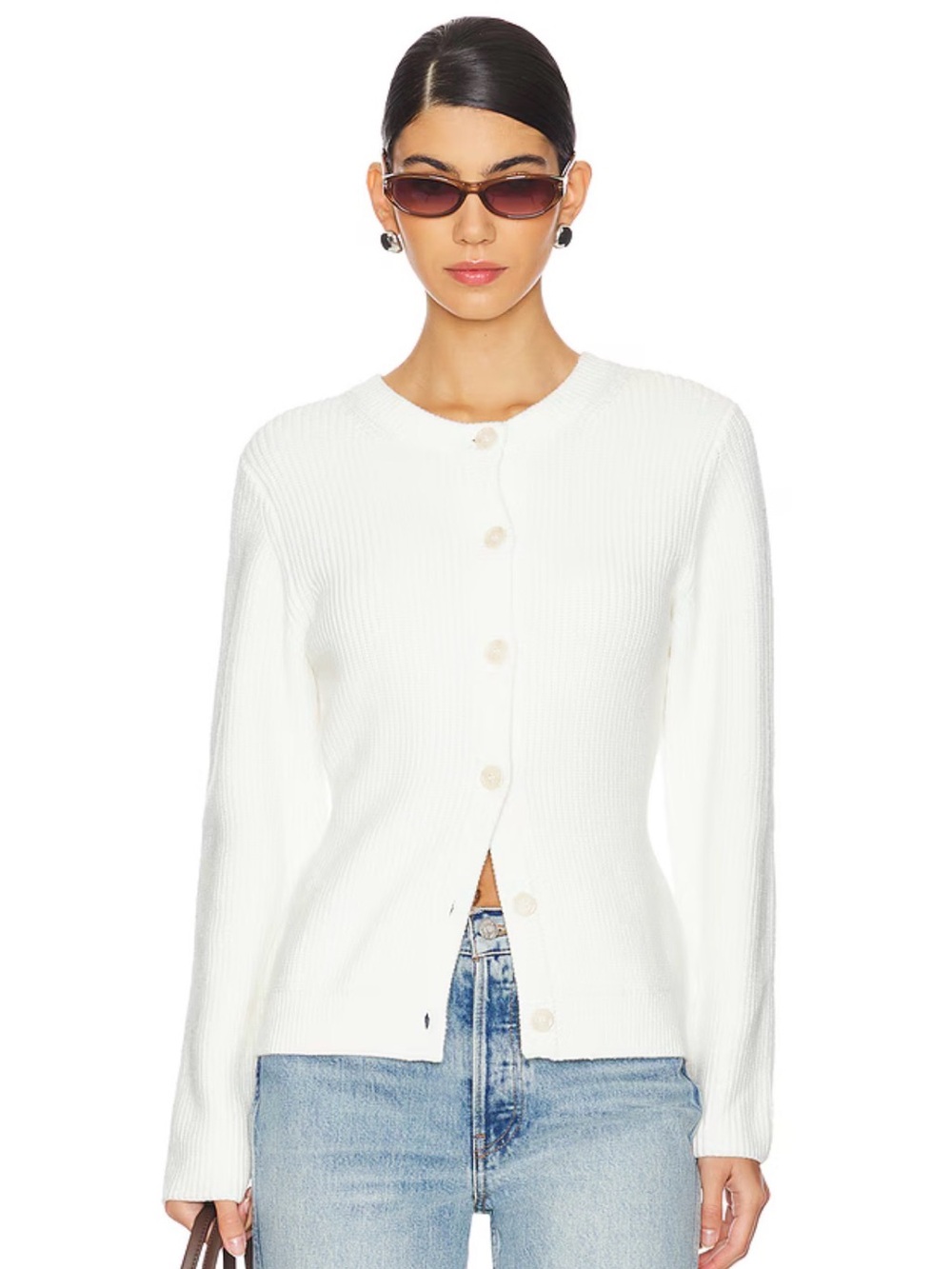 Women's White Ribbed Button-Front Cardigan Sweater